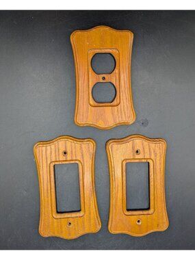 3 Vtg Wooden Wall Plates Oak Wood Single Switch and Outlet Cover Brown Rustic